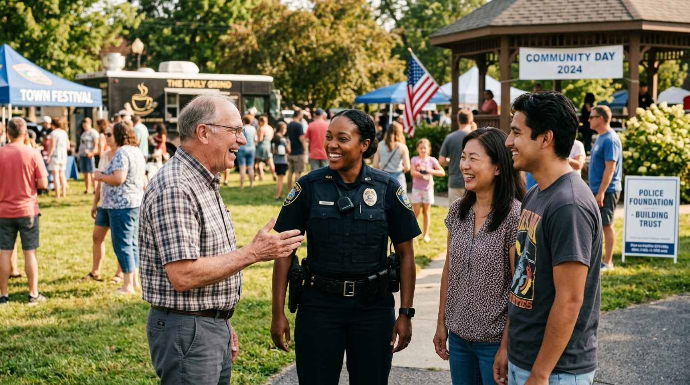 Community members and a police officer at a local event